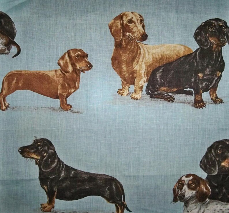 Designer DACHSHUND DOG Toile LINEN Fabric 10 yards Blue Multi Etsy