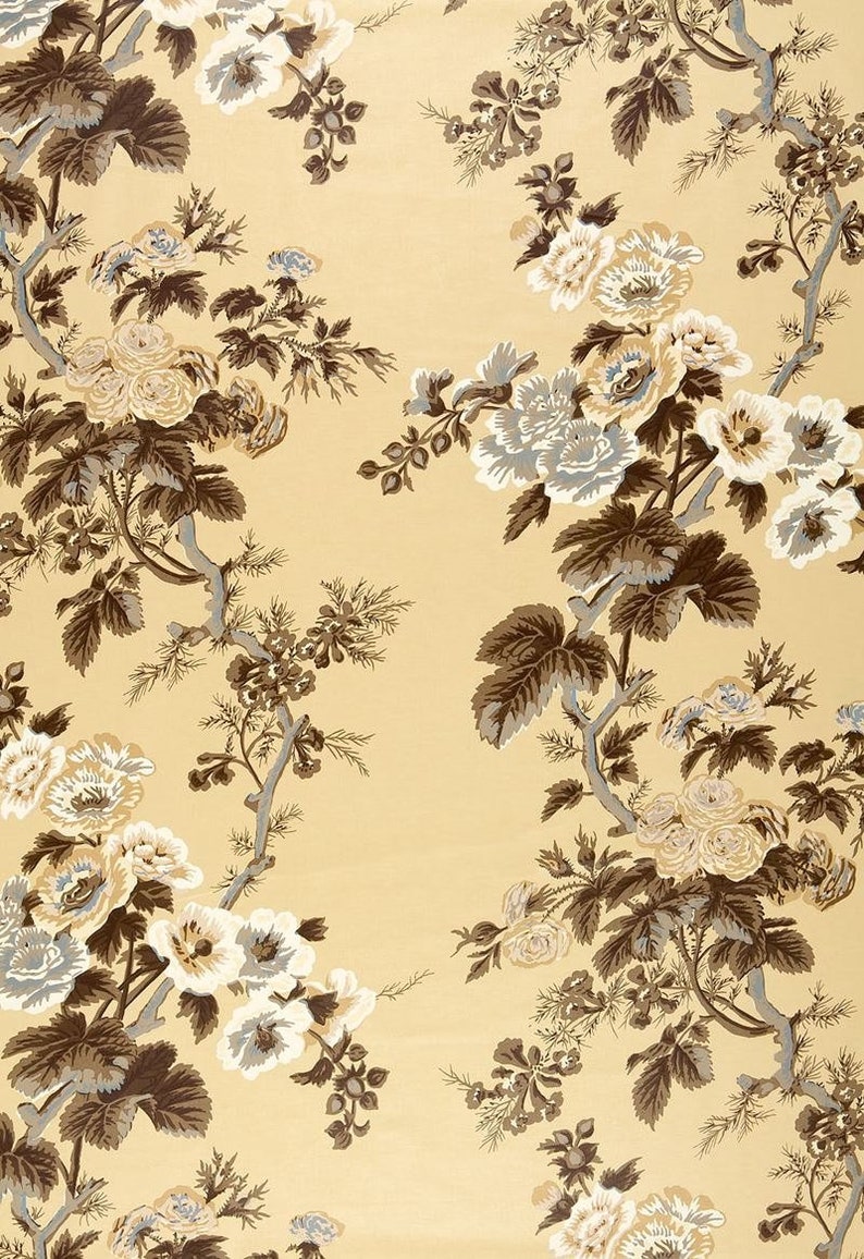 SCHUMACHER HOLLYHOCK FLORAL Cotton Chintz Toile Fabric 10 Yards Amber Brown Grey Gold image 4