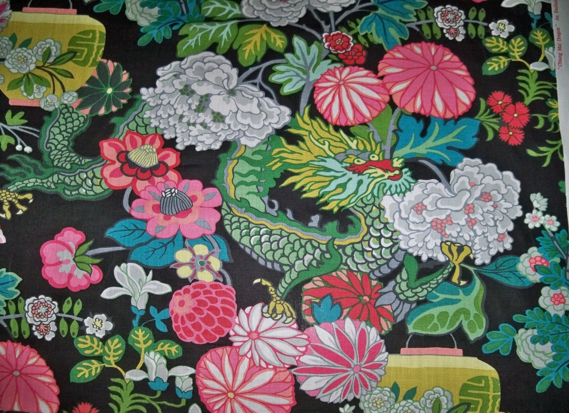 SCHUMACHER Chinoiserie CHIANG Mai DRAGON Linen Fabric 10 Yards Black