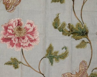 COLEFAX & FOWLER ORIENTAL Poppy bloemen geborduurde linnen stof 10 meter crème roze groen