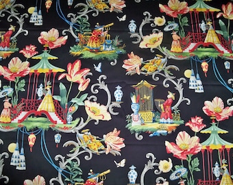 DESIGNER CHINOISERIE East of the Moon Toile Cotton Fabric 10 Yards Black Multi