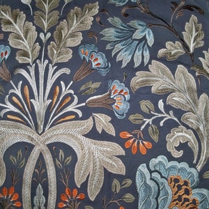 COLEFAX & FOWLER WILLIAM Morris Inspired Embroidered Linen Fabric 10 Yards Charcoal Beige Blue Multi