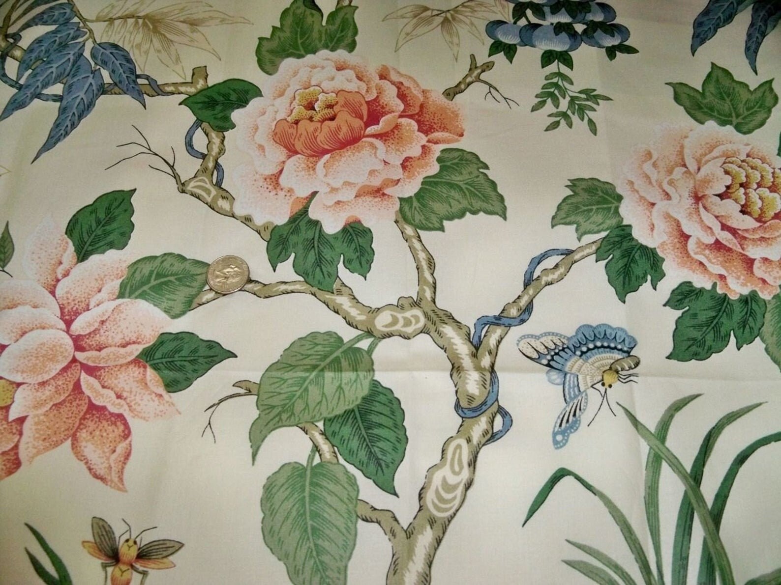 SCHUMACHER PHEASANT BIRDS Chintz Fabric 10 Yards Alabaster Cream Blue ...