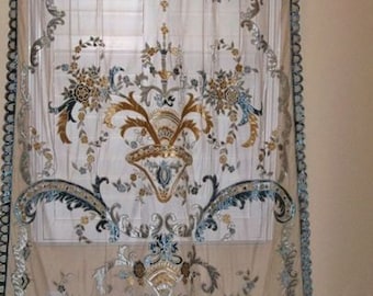 Italian EMBROIDERED Velvet Fabric SHEER Drapes Panel SAPPHIRE Cream Ice Blue