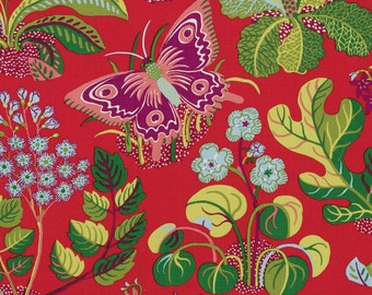 SCHUMACHER WILD BUTTERFLY Floral Insect Linen Toile Fabric 10 Yards Red Multi