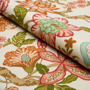 SCHUMACHER Jacobean Tree of Life Birds Camellias Linen Fabric 10 Yards Coral