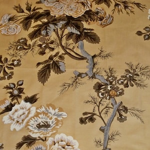 SCHUMACHER HOLLYHOCK FLORAL Cotton Chintz Toile Fabric 10 Yards Amber Brown Grey Gold image 1