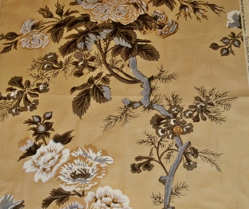 SCHUMACHER HOLLYHOCK FLORAL Cotton Chintz Toile Fabric 10 Yards Amber Brown Grey Gold image 1