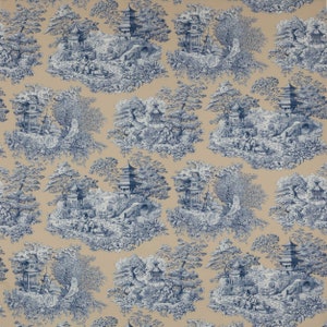 May include: A beige background with a repeating pattern of blue and white pagoda-style buildings, trees, and foliage. The design is reminiscent of a traditional Chinese or Japanese garden.