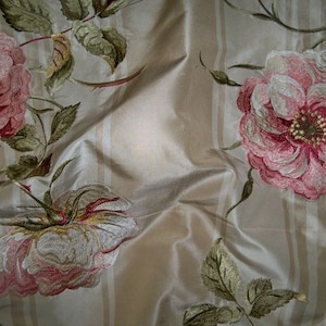 COLEFAX & FOWLER Shabby Roses Embroidered Silk Stripes Fabric 10 Yards Beige Cream Pink Green Multi