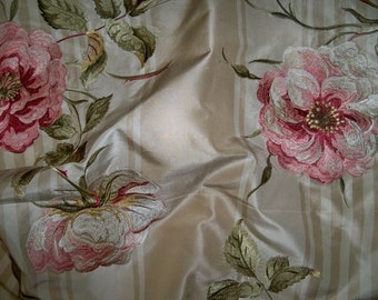 COLEFAX & FOWLER Shabby Roses Embroidered Silk Stripes Fabric 10 Yards Beige Cream Pink Green Multi