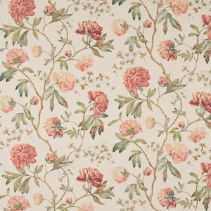 COLEFAX & FOWLER Cabbage Roses Scrolling Vines Branches Linen Print Fabric 10 Yards Red Green