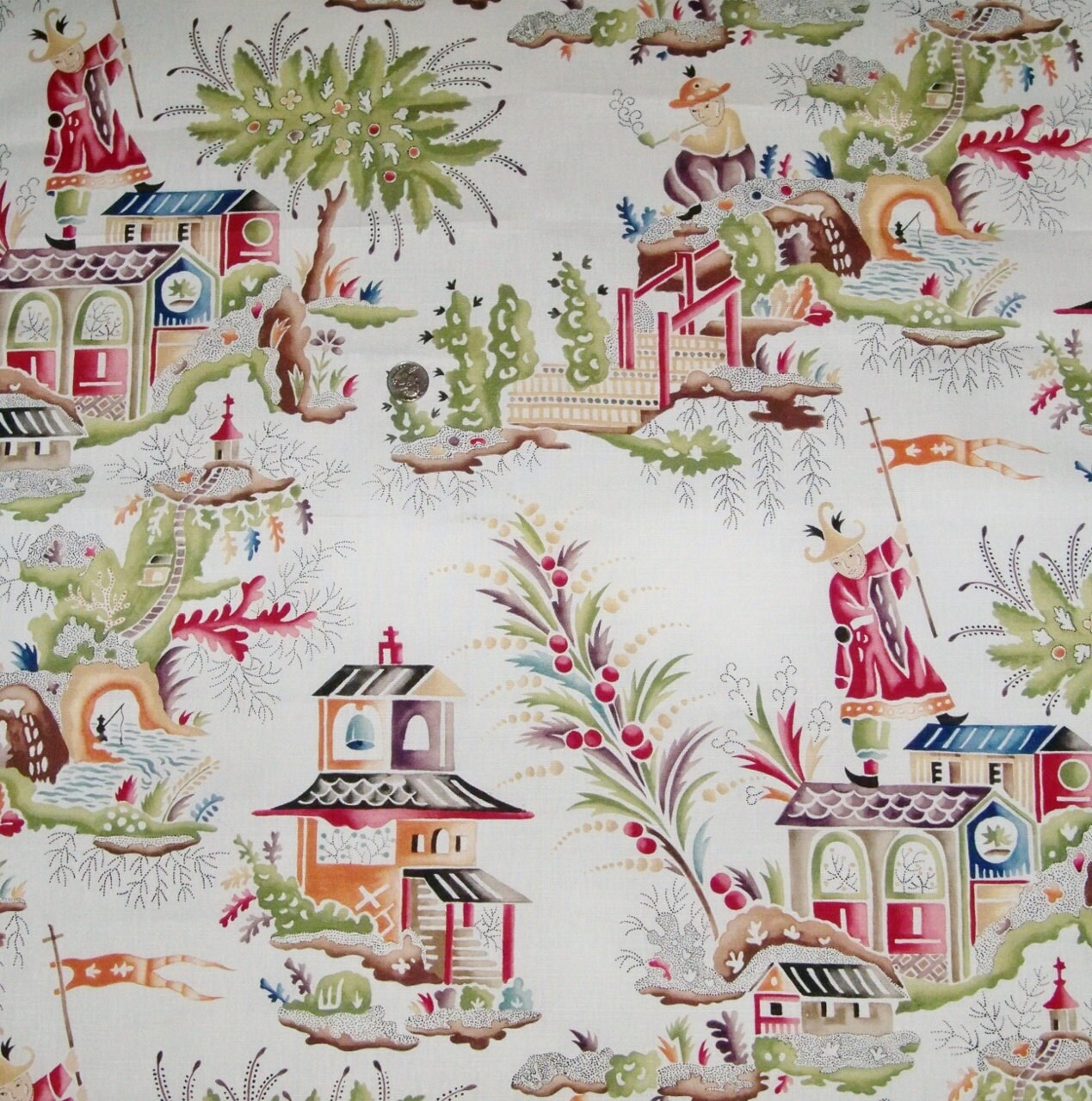 CLARENCE HOUSE French Chinoiserie Pagodas Linen Toile Fabric 10 Yards