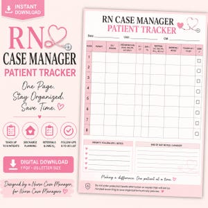 Puede incluir: Una plantilla digital de seguimiento de pacientes para enfermeros gestores de casos en rosa y blanco. El documento incluye una cuadrícula para ocho pacientes con columnas para habitación, diagnóstico, plan de alta y tareas, además de notas.