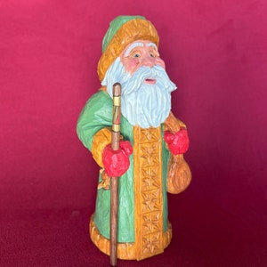 Old World Santa Claus, A Handmade Woodcarving Gift, Chip Carved Fur Trim, With A Staff and Bag, A Hand Carved Collectable Gift