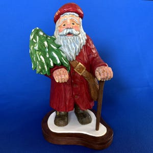 Hand Carved Santa, Woodcarving, Old World Santa Claus, Original One of a Kind with a Cane and carrying a tree. Collectable Gift