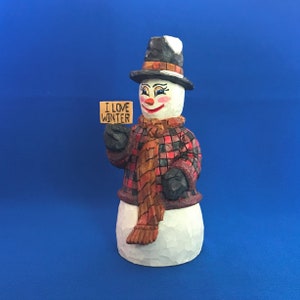 Woodcarving, Snowman with a Plaid Jacket, Hand Carved Sculpture, Collectable Wood Carving Gift. Handmade Gift.