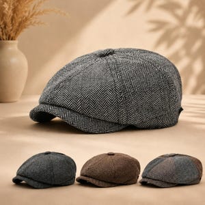 Unisex fiskbensmönstrad tidningsboykeps, platt keps, bagarhatt, vintagestil, vardagspresent