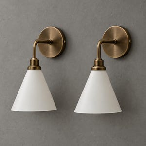 Vintage Brass Wall Sconce Set, White Cone Shade, Double Wall Light, Mid Century Modern Vanity Lighting, Bathroom Sconce, Bedroom Wall Lamp