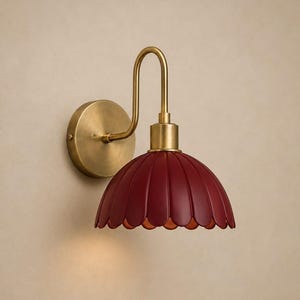 Vintage Brass Sconce, Burgundy Flower Petal Wall Light, Mid Century Modern Sconce Antique Brass Bedside Lamp Vanity Light Handmade Fixture
