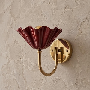 Handcrafted Brass Wall Sconce, White Flower Glass Shade,Vintage Vanity Light, Bathroom Sconce, Bedroom Wall Lamp, Hardwired or Plug-In Light