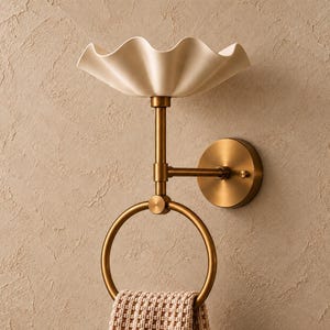 Antique Brass Bathroom Sconce with Towel Ring, Scalloped Ruffle Shade,  Vanity Wall Light, Mid Century Bathroom Lighting, Powder Room Decor