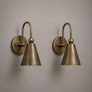 Antique Brass Double Wall Sconce, Vintage Vanity Light, Handmade Brass Wall Lamp, Tapered Shade Sconce, Bathroom Bedroom Lighting,