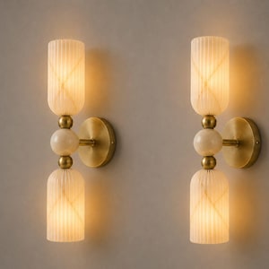 Fluted Alabaster Wall Sconce, Brass Wall Light, Modern Luxury Bathroom Vanity Lighting