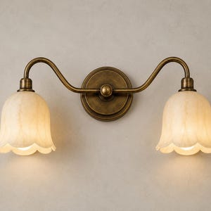 Double Alabaster Wall Sconce, Antique Brass Bathroom Light, Two Light Vanity Sconce, Vintage Wall Lamp, Bedroom Lighting