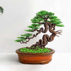 Bonsai in filo metallico, altezza 25 cm, scultura in rame Literati - Fogliame verde foresta, vaso in terracotta, muschio conservato.