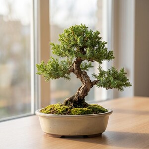Bonsai di 25 anni, esemplare da scrivania in stile giapponese / Ginepro giapponese / Vaso in ceramica, altezza 19 cm, esposizione compatta