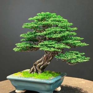 Bonsai in filo di rame, scultura elegante - Tronco in alluminio, dettagli metallici, vaso smaltato / Altezza 15–20 cm