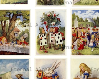 Alice in Wonderland Collage Sheets - Tenniel in Colour, Version 2, Medium - approx. 2x2.5 inches - Instant Download