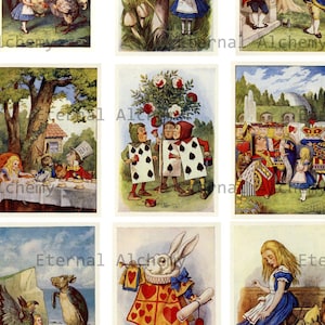 Alice in Wonderland Collage Sheets Tenniel in Colour, Version 2, Medium approx. 2x2.5 inches Instant Download image 1