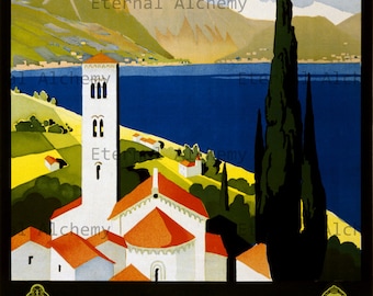 4 Vintage Travel Posters, Full Page, set 8 - Italy (Italian Lakes, Lake Garda, La Riviera, Venise et Le Lido) - Instant download