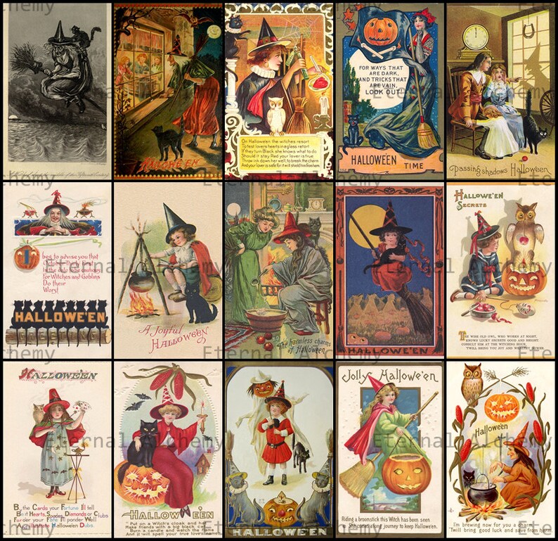 Vintage Halloween Postcards Set 4 Witches Instant Etsy