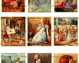 Alice in Wonderland Collage Sheets - Tenniel in Colour, Version 1, Medium - approx. 2.5x3-3.5 - Instant Download