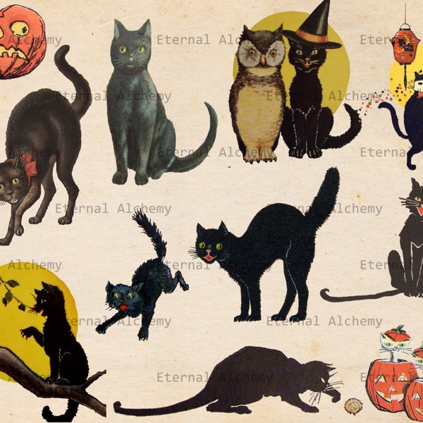 Vintage Halloween Images - Cats - Set 1 - 11 Clipart/Digital Images - Instant download