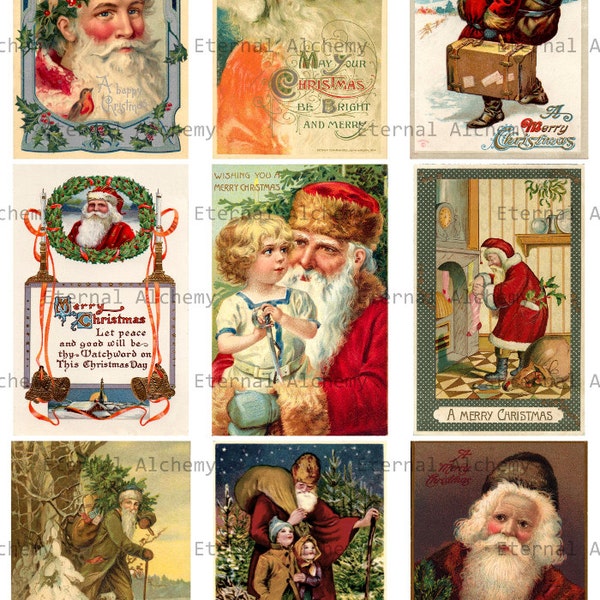 4 Santa-themed Antique Christmas Postcard Collage Sheets - approx. 2.5 x 3.5 inch images (ACEO/ATC size) - Instant download
