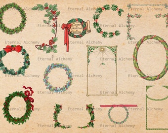 Vintage Christmas Images - Wreaths and Floral Frames - 14 images - Clipart/Digital Images - Instant download