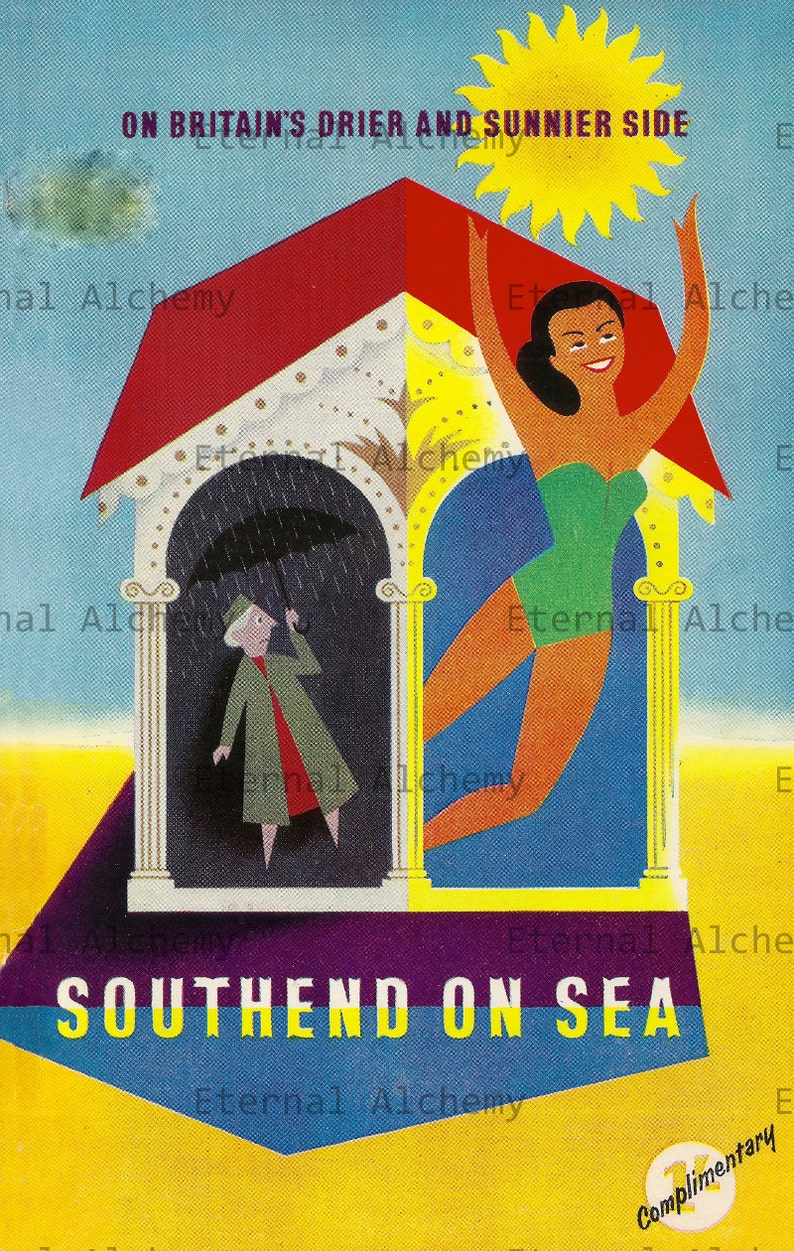 4 Vintage Travel Posters, Full Page, set 4 Europe, assorted Andalucia Spain, Finland, Surrey, Southend Britain Instant download image 3