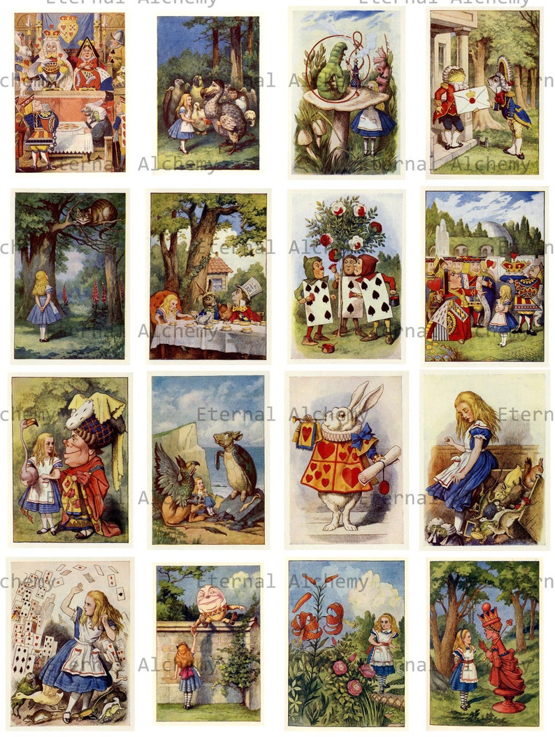 Alice in Wonderland Collage Sheets Tenniel in Colour, Version 2, Medium approx. 2x2.5 inches Instant Download image 1