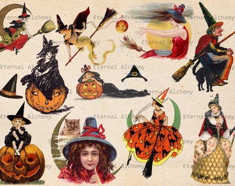 Vintage Halloween Images - Witches -Set 2 - 10 (plus 2) Clipart/Digital Images - Instant download