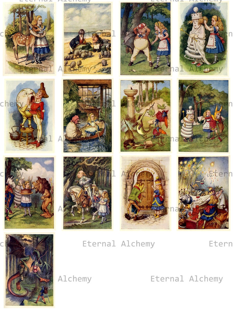 Alice in Wonderland Collage Sheets Tenniel in Colour, Version 2, Medium approx. 2x2.5 inches Instant Download image 2
