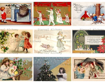 4 Kid-themed Antique Christmas Postcard Collage Sheets - approx. 2.5 x 3.5 inch images (ACEO/ATC size) - Instant download