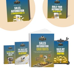 May include: A collection of educational materials including two boxes and four books or documents titled Sales Automation & Conversational AI, Build Your Automated Sales Chatbot, 7 Chatbot Mistakes, The Sales Bot Conversation Blueprint, Sales Automation Chatbots, and Sales Bot Strategy Mapping, with the URL www.chieacademy.com at the bottom.