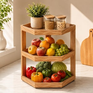 May include: A three-tiered wooden corner shelf with a light brown wood grain finish. The top tier holds a potted green plant and two glass jars with bamboo lids. The middle tier contains assorted fruits, and the bottom tier holds fresh vegetables.