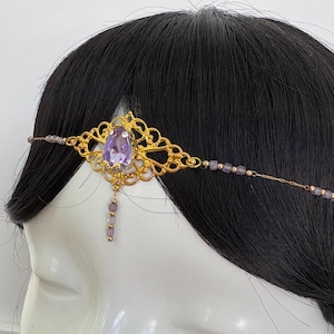 Tiara elfica realizzata a mano con cristalli lilla, accessorio per capelli fantasy