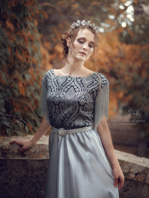silver brocade dress Fairy Tale Silver Brocade Gown Evening Dress for Women