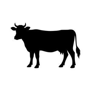 以下が含まれることがあります： 左を向いて横向きに立っている牛の単色黒シルエット。このグラフィックは、角、耳、4本の脚、房状の尾を含む動物の明確な輪郭を特徴としており、平らでコントラストの高い形状として表現されています。